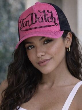 Von Dutch Pink Rhinestone Trucker Hat Y2K Mesh Snapback Women